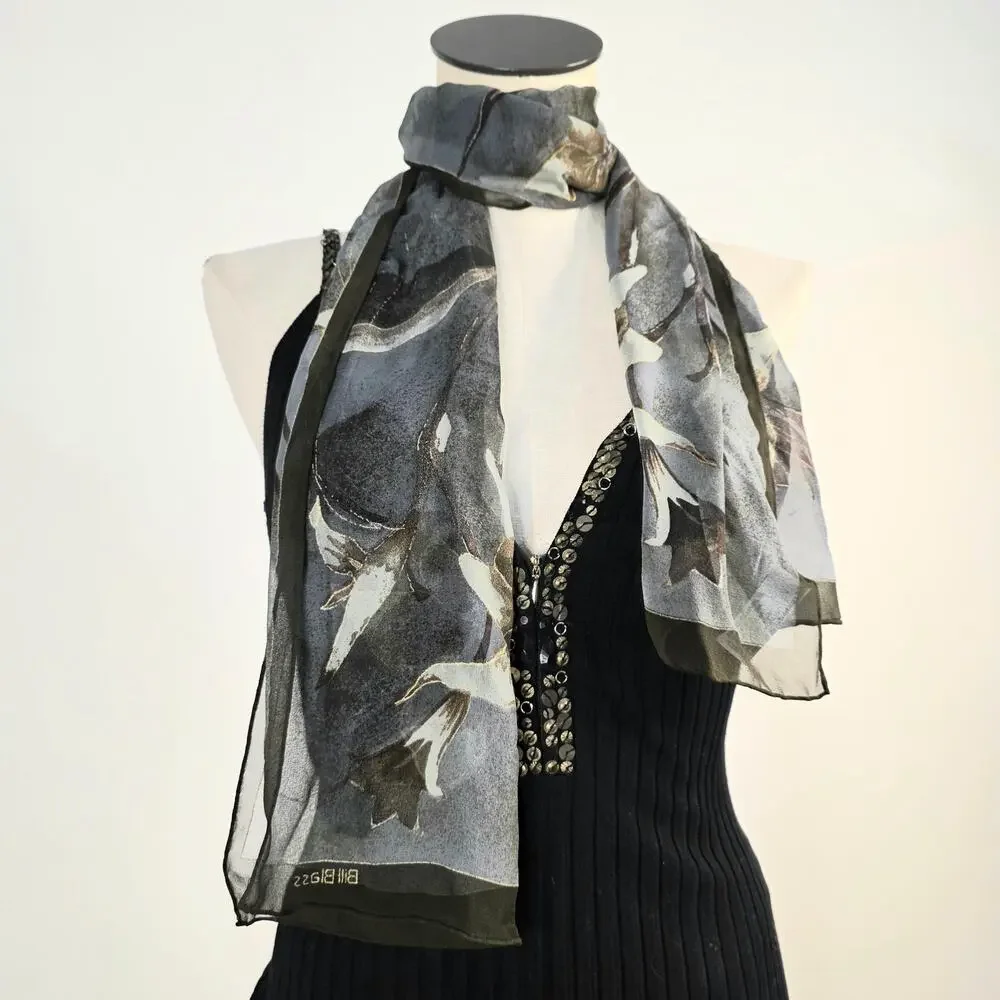Vintage Bill Blass Silk Chiffon Scarf Floral Dark Academia Designer Hair Wrap